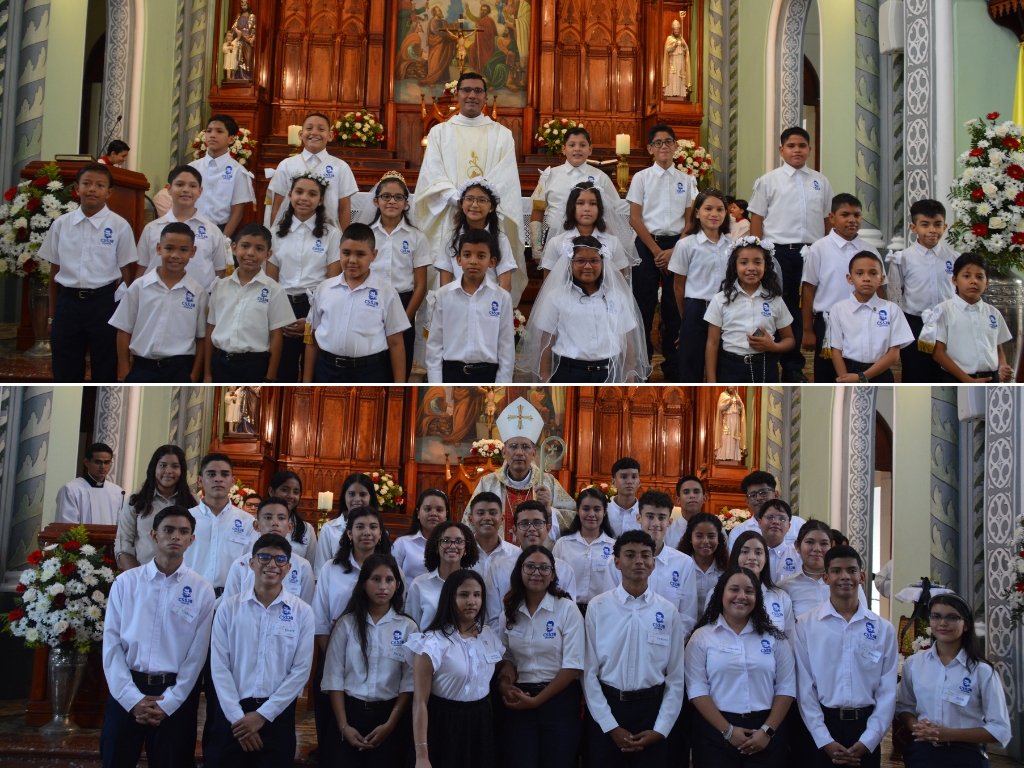 Niños y jóvenes que recibieron los sacramentos de Primera Comunión y Confirmación.