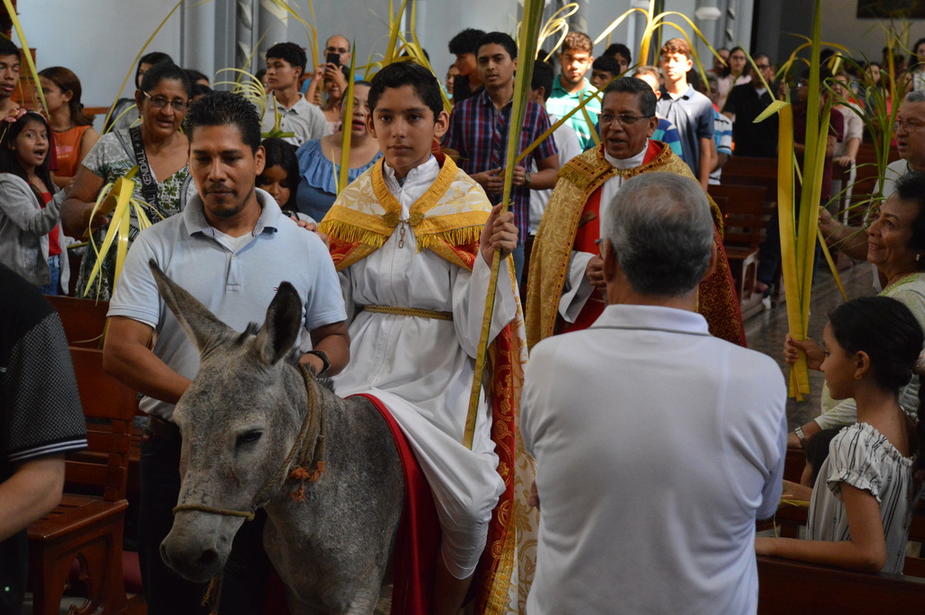 Los fieles se congregan en la Capilla María Auxiliadora de la obra Salesiana de Granada para dar inicio a la Semana Santa con la liturgia del Domingo de Ramos.