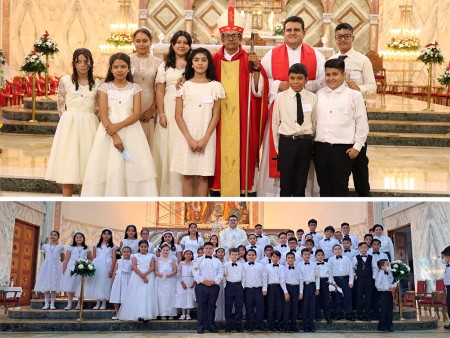 Niños y jóvenes que recibieron los sacramentos de la confirmación y primera comunión.