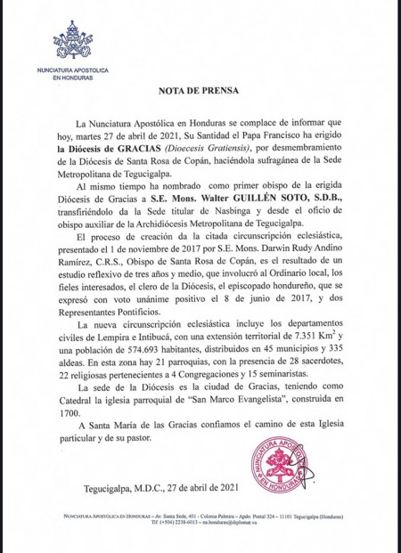 Comunicado oficial de la Nunciatura Apostólica en Honduras.