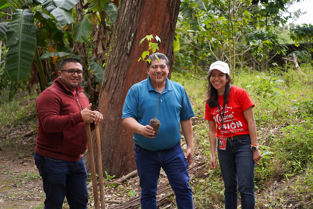 Colaboradores de la Casa Inspectorial trabajando juntos en la siembra de árboles, reafirmando su compromiso con el cuidado de la casa común y la protección del medio ambiente.