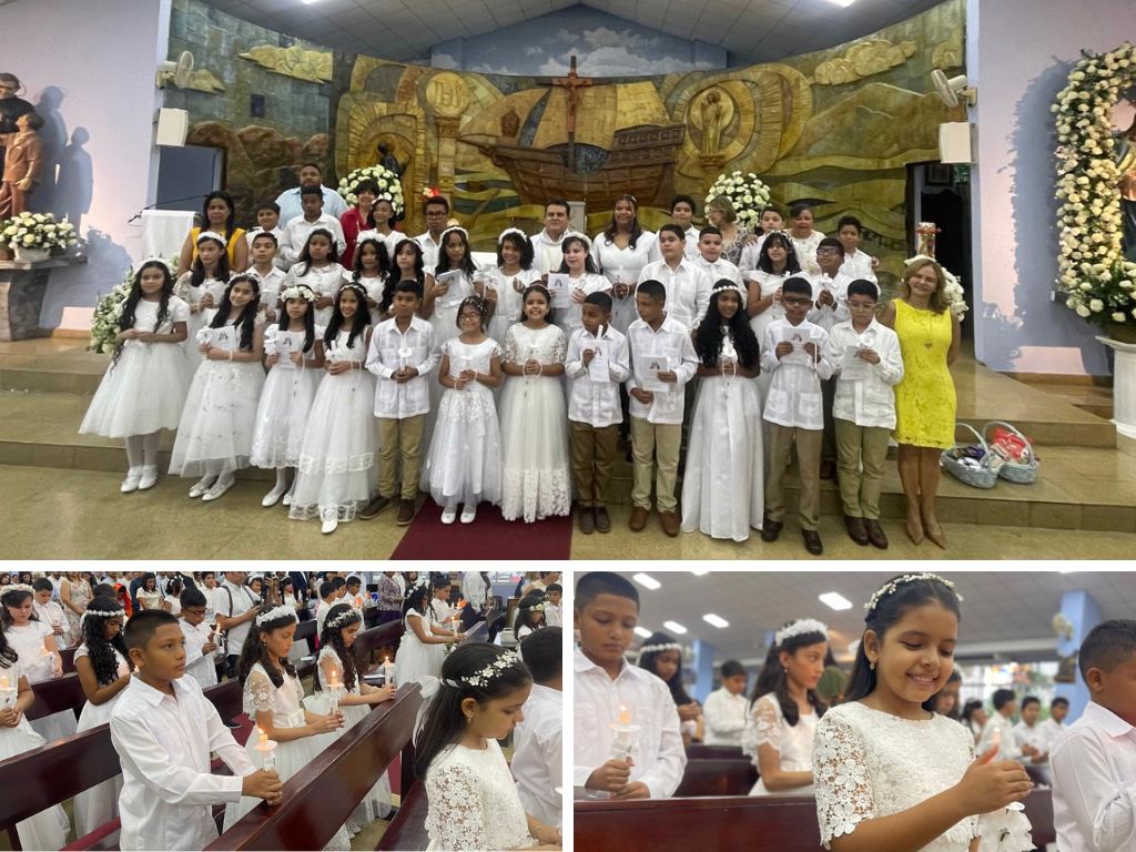 Los niños que recibieron su Primera Comunión en el Templo María Auxiliadora del Instituto Técnico Don Bosco posan junto al padre José Manuel Solano, rector del instituto, tras una emotiva ceremonia llena de devoción y alegría.