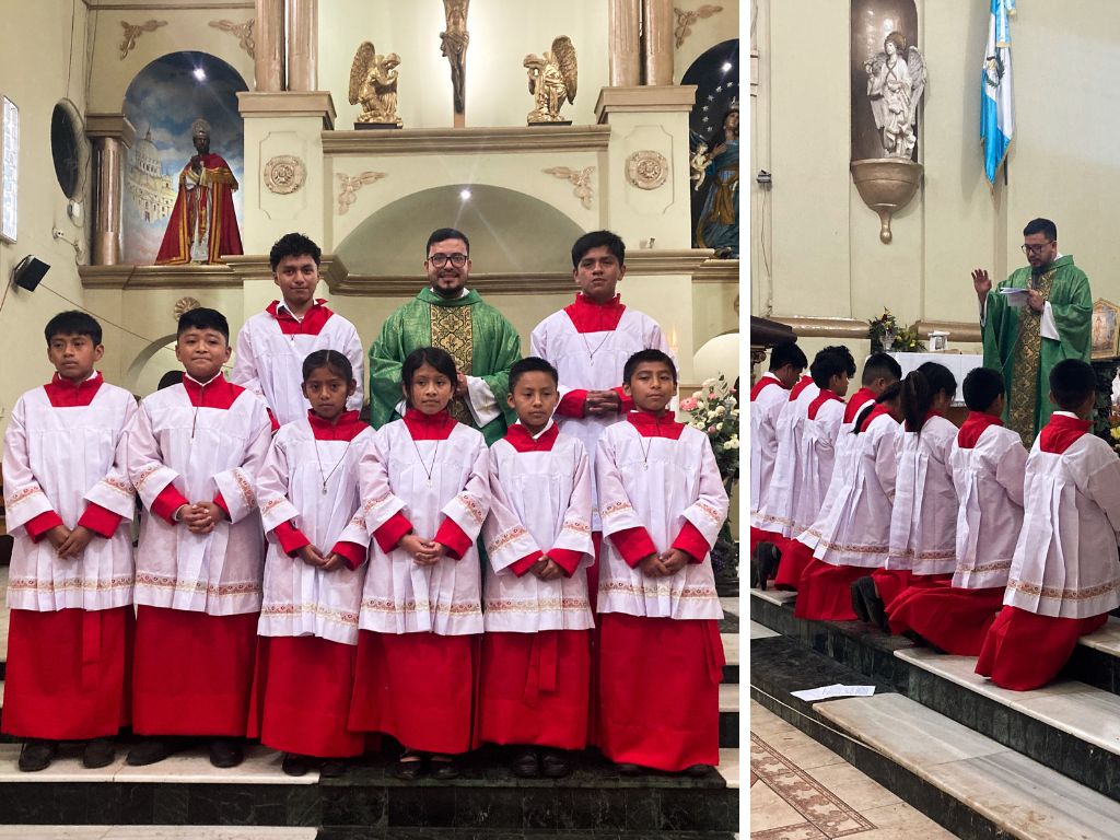 Los nuevos monaguillos de la Parroquia San Pedro Carchá posan junto al padre Carlos Francisco Hernández, SDB, tras su consagración, listos para servir con alegría y devoción en el altar.