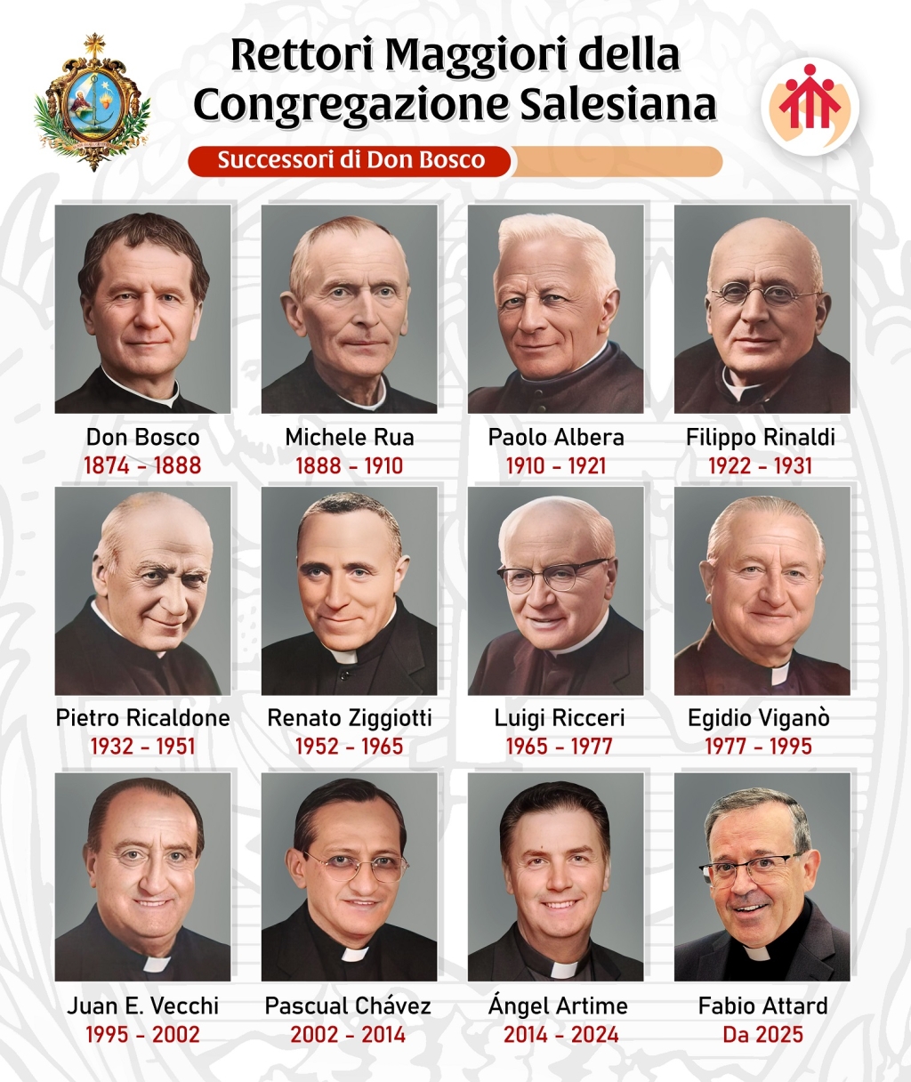 El nuevo póster presenta a los doce Rectores Mayores de la Congregación Salesiana, desde san Juan Bosco hasta el padre Fabio Attard, como signo de unidad y continuidad en el carisma salesiano.