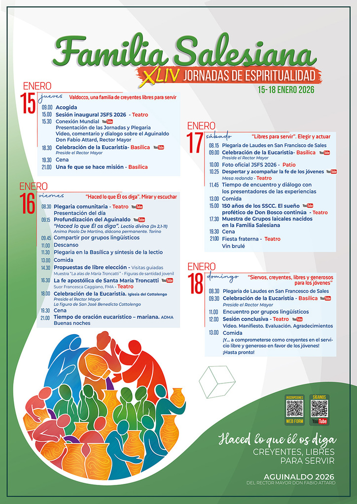 La 44.&ordf; edici&oacute;n de las Jornadas de Espiritualidad de la Familia Salesiana ser&aacute; inaugurada el jueves 15 de enero de 2026 en conexi&oacute;n mundial por Youtube a las 15:30 hora de Italia (8:30 a.m. en Centroam&eacute;rica), desde Valdocco, cuna del carisma salesiano. 